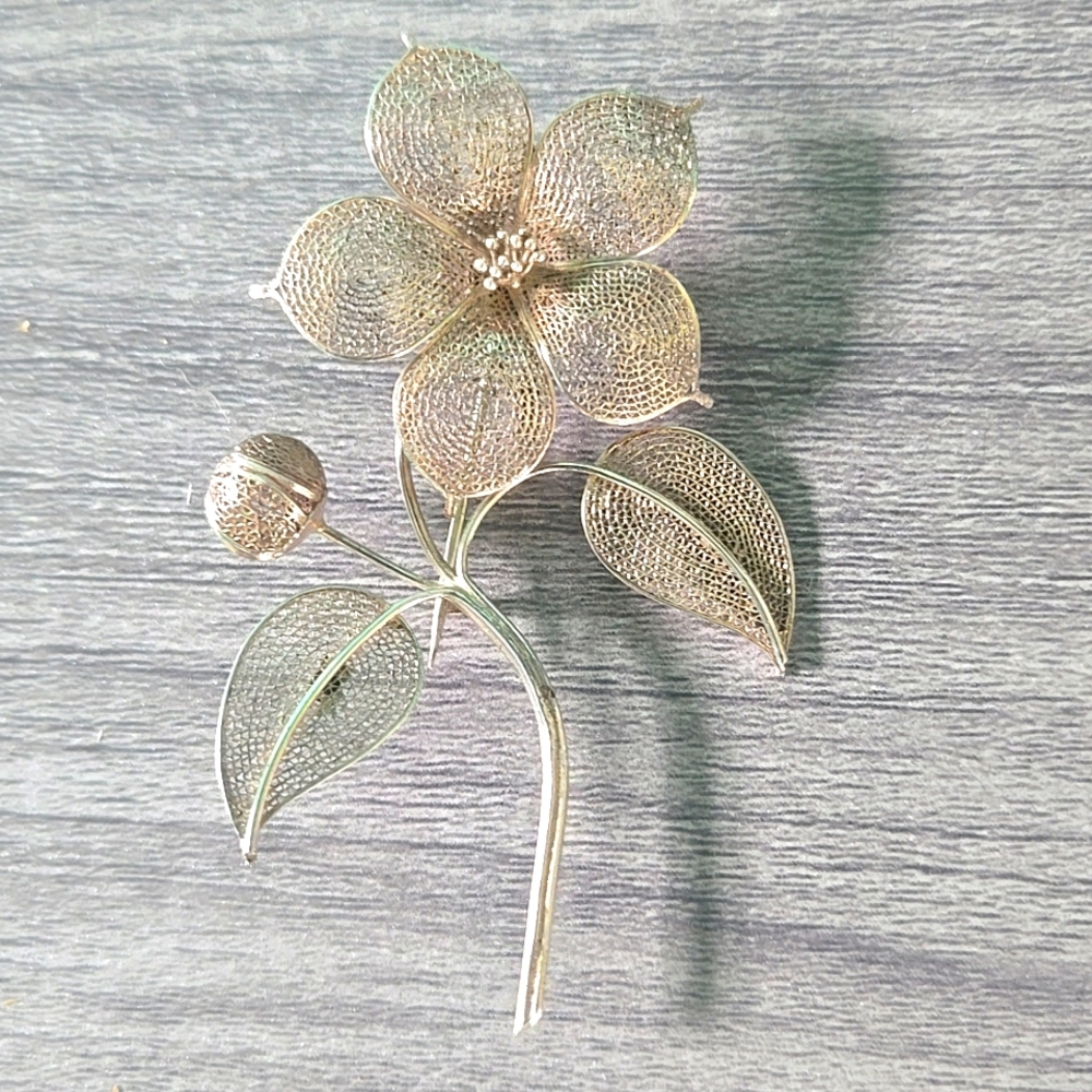 Silver Vintage Floral Brooch Pin Mesh Flower Bud 950 Vintage Silver Marked 950